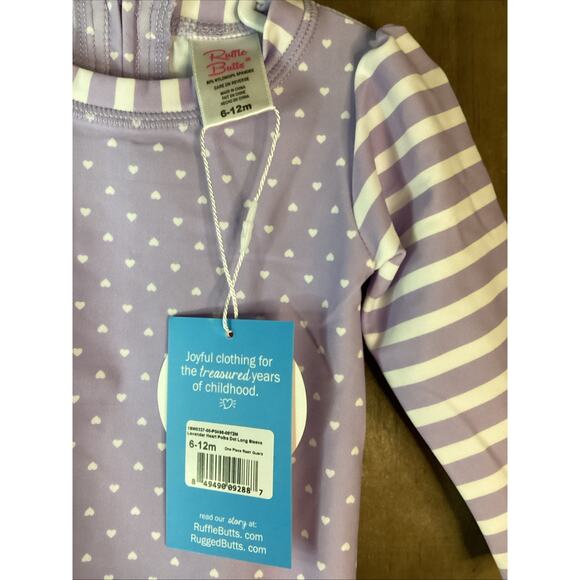 Rufflebutts Lavender Heart Polka Dot L/S 1Piece Rash Guard Bathing Suit 6-12m - Picture 3 of 5